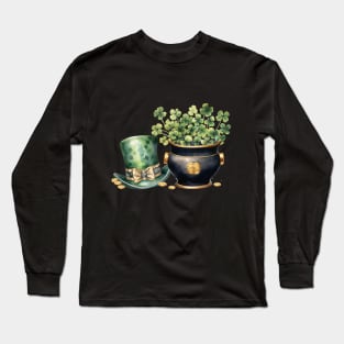 Leprechaun Hat and A Pot of Gold Coins and Clover Long Sleeve T-Shirt